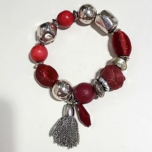 None Red Silver beaded Bracelet Holiday Christmas